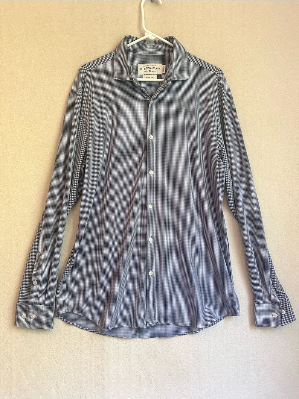 Mizzen+Main Blue Micro-Check Long-Sleeve Dress Shirt Sz XL Trim Fit Spinnaker